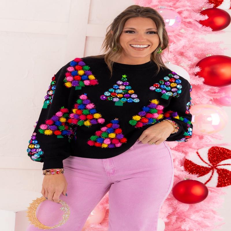Pom Pom & Jewel Christmas Trees Sweater | Queen Of Sparkles - SALE