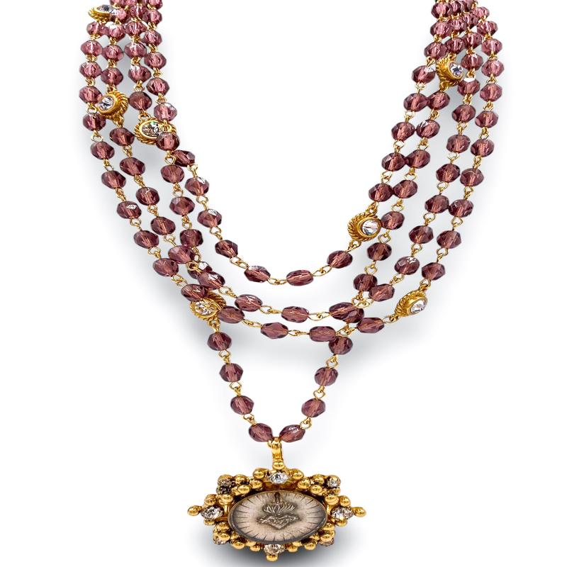 Virgins Saints & Angels Sacred Heart Medallion On Magdalena 6mm Crystal Necklace - FINAL SALE