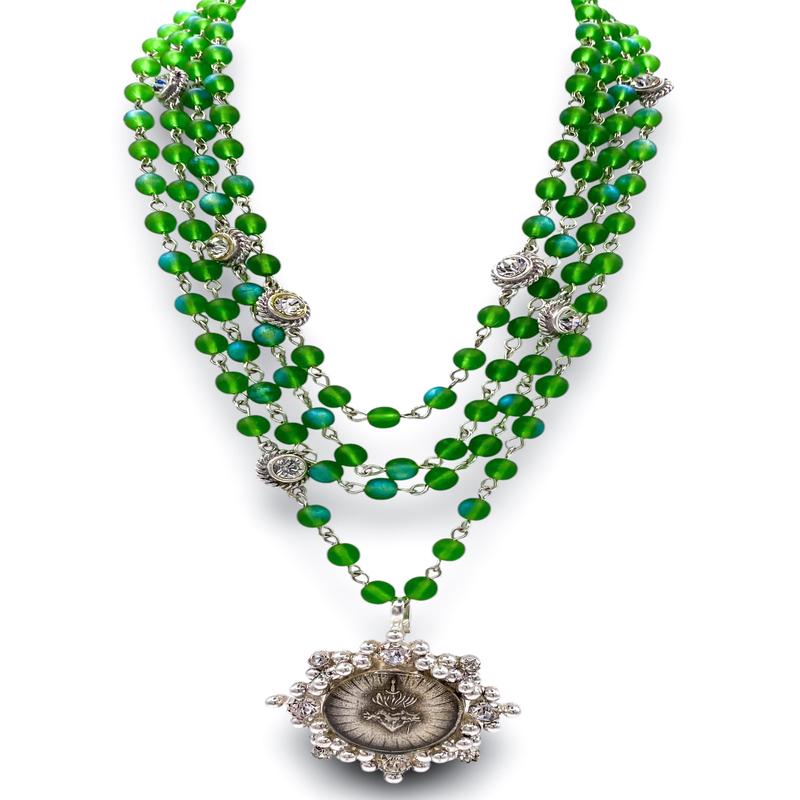 Magdalena 6mm Vintage Emerald Necklace - Silver Cloister Sacred Heart Medallion | Virgins Saints & Angels