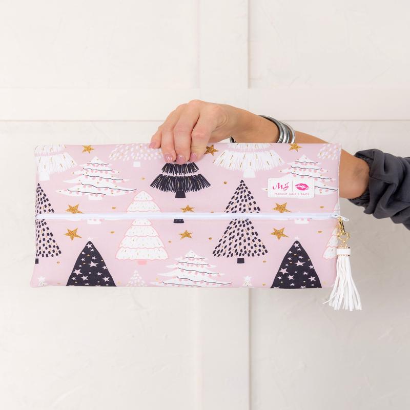 Makeup Junkie Bag - Pink Christmas Trees - Large