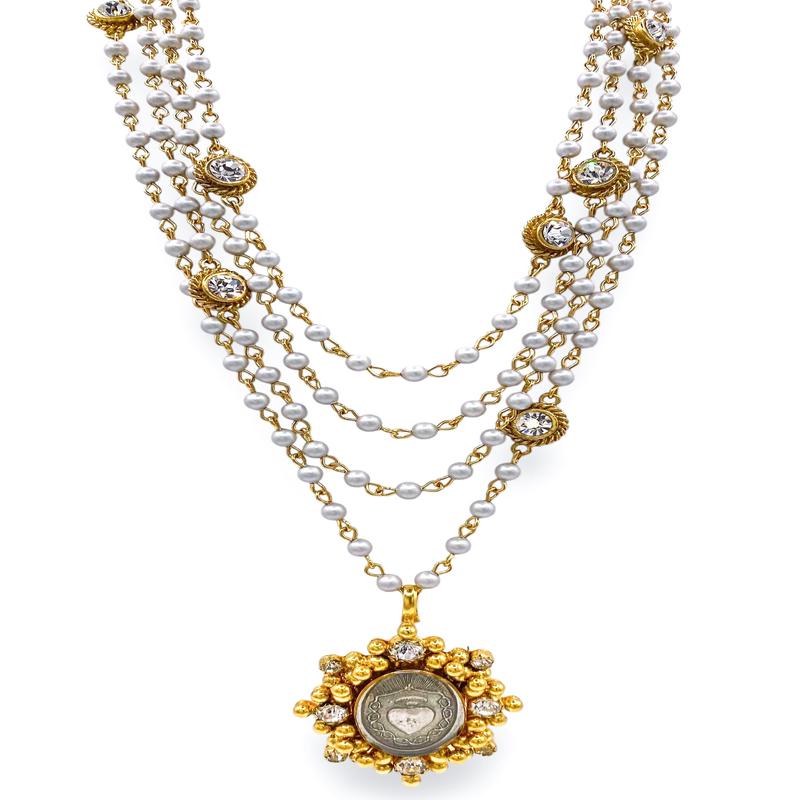 Magdalena 4mm Pearl Platinum Necklace - Oval Cloister Sacred Heart Medallion | Virgins Saints & Angels