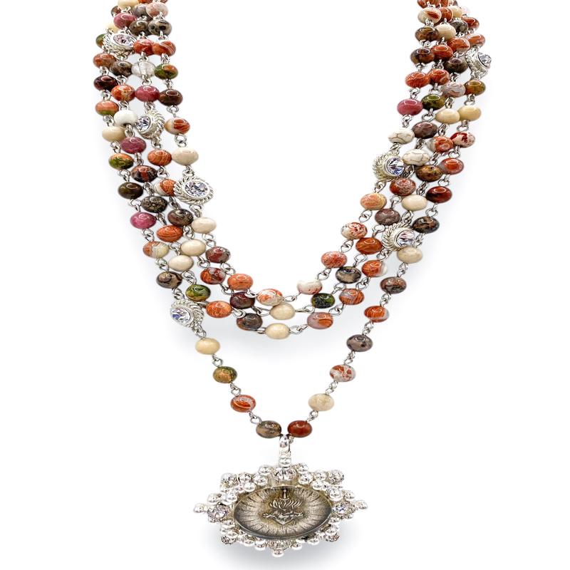 Magdalena 6mm Mixed Brown Necklace - Cloister Sacred Heart Medallion | Virgins Saints & Angels - FINAL SALE