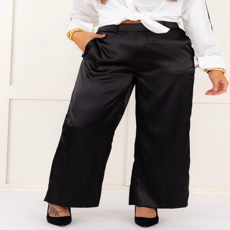 Make It Right Wide Leg Satin Pants - Black - FINAL SALE