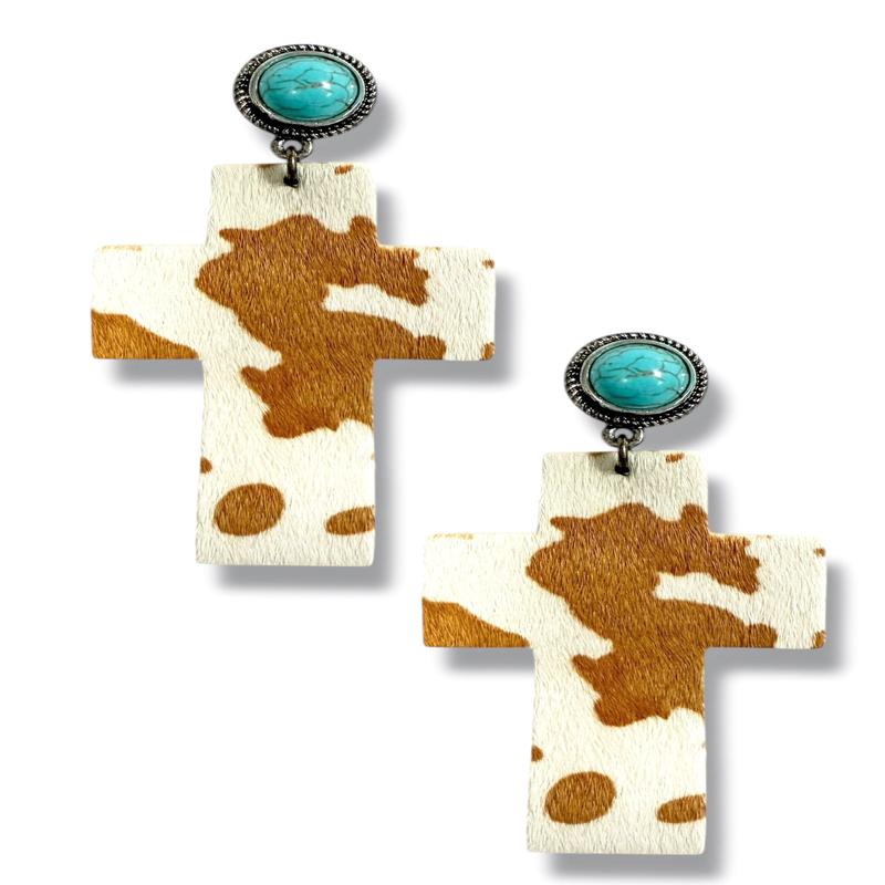 Joy Caramel Cow Hide Cross Stone Earrings