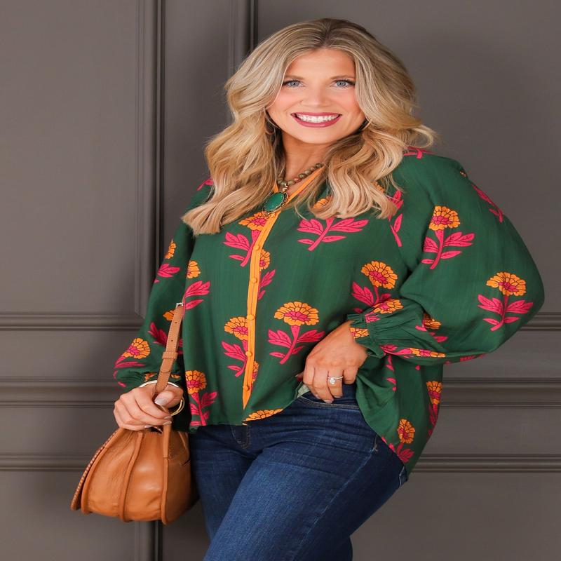 Right Place Flower Print Green Mix Long Sleeve Top