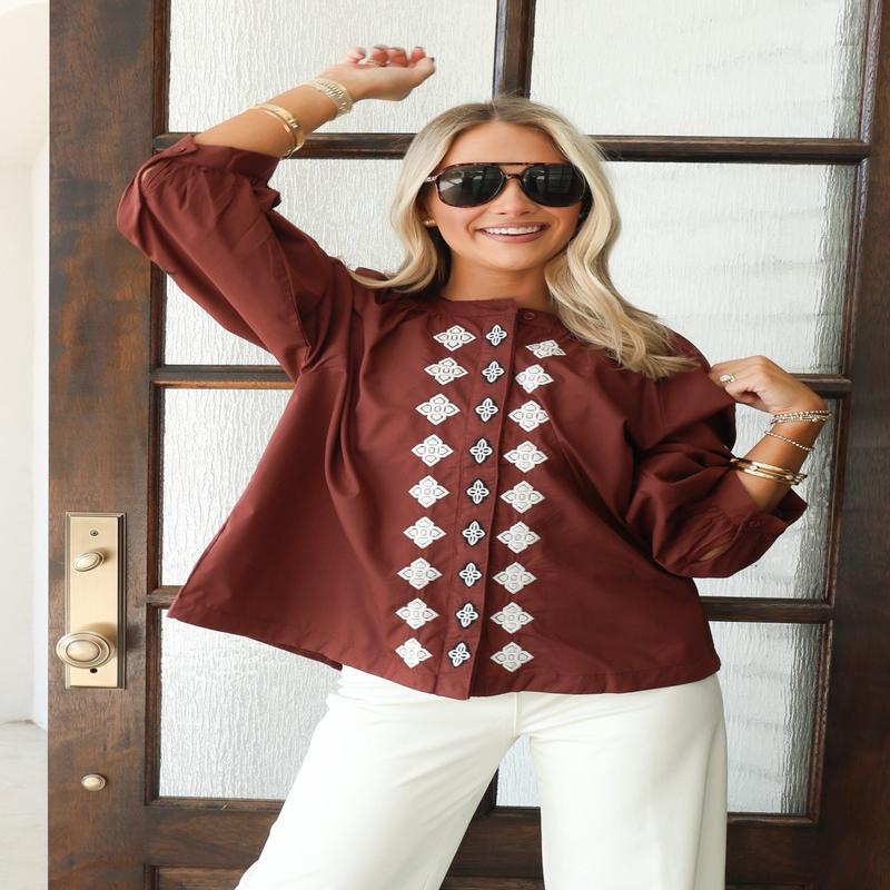 Coming into Town Espresso Abstract Print Long Sleeve Top