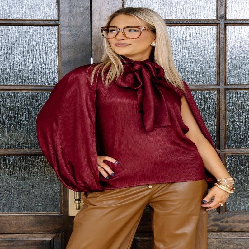 Here They Come Wine Metallic Sleeveless Tie Neck Top