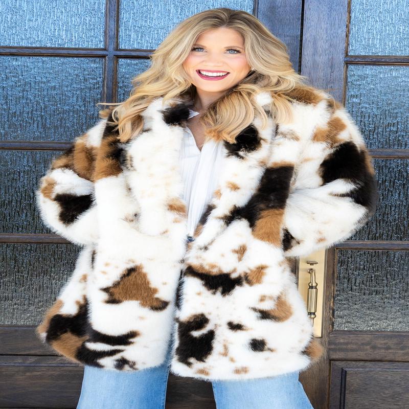In Heartland Brown Cow Print Faux Fur Long Sleeve Coat