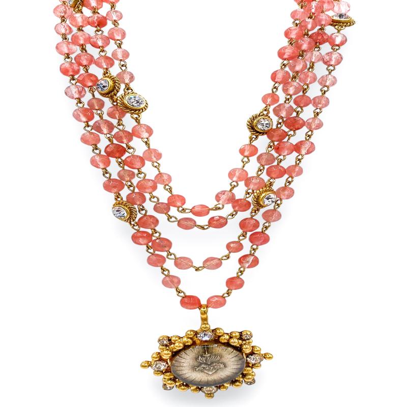 Magdalena 6mm Cherry Quartz Necklace - Cloister Sacred Heart Medallion | Virgins Saints & Angels - FINAL SALE