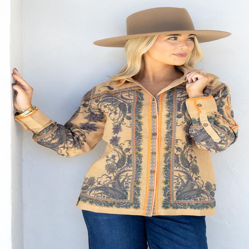 Never Knew Camel Paisley Long Sleeve Button Down Blouse