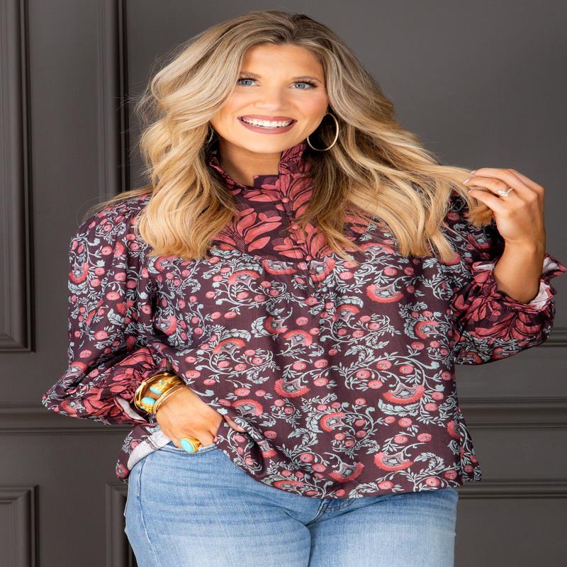 On My Side Brown Mix Floral Print Long Sleeve Top