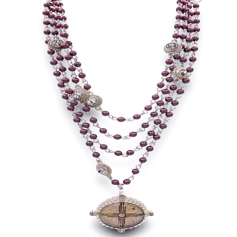 Magdalena 4mm Pearl Iridescent Red - Bespoke Zia Silver Medallion Pendant | Virgins Saints & Angels - FINAL SALE