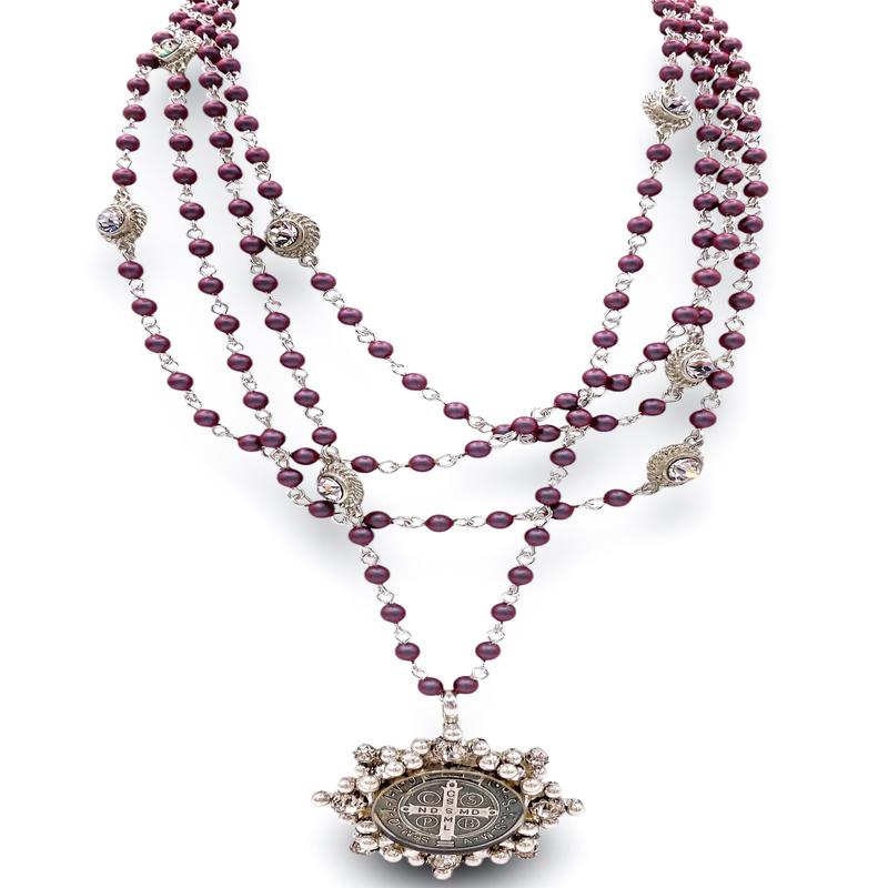 Magdalena 4mm Pearl Iridescent Red Necklace - San Benito Medallion | Virgins Saints & Angels - FINAL SALE