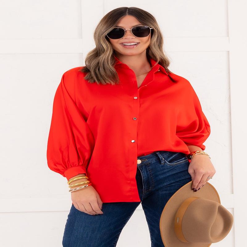 Adore You Satin Button Up - Red - FINAL SALE