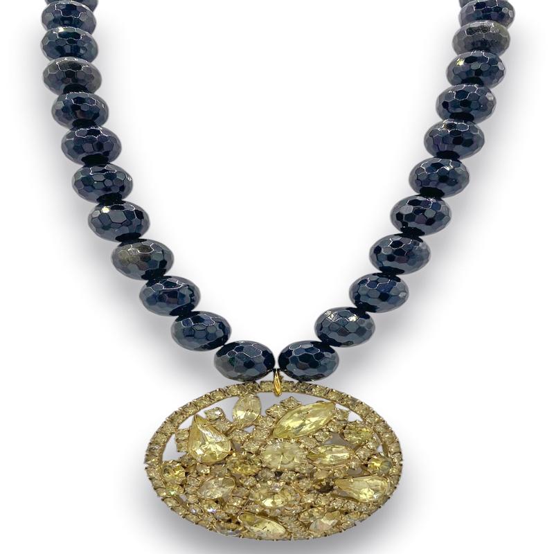 Made In the Deep South 1960s Signed Weiss Brooch 1950s Black Gold Obsidian Bead Necklace