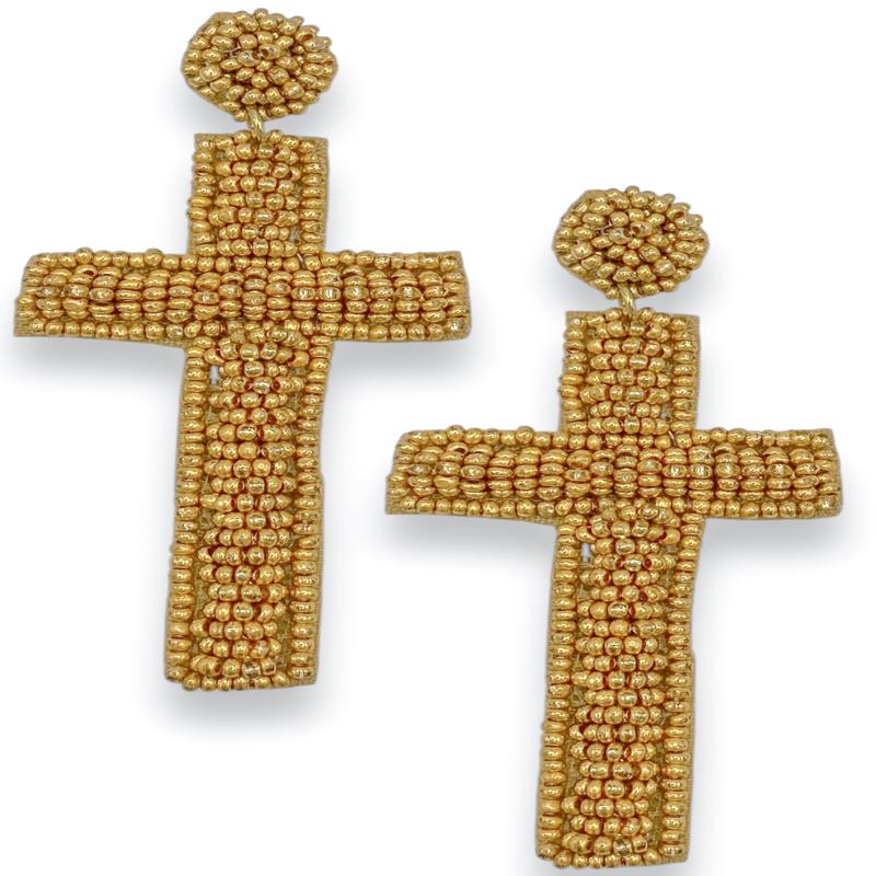 One Day At A Time Gold Beaded Cross Earring - FINAL SALE