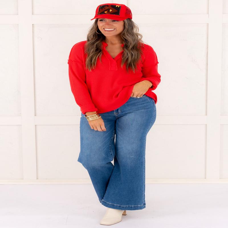 You Should Stay Collared Long Sleeve Sweater - Tomato - FINAL SALE