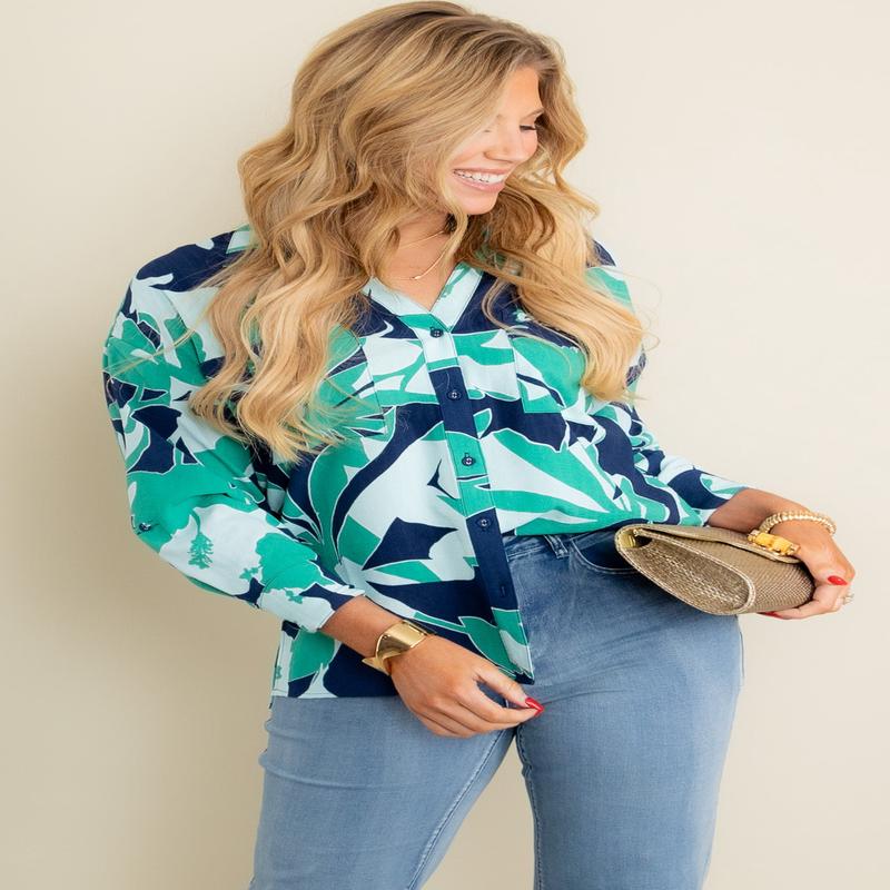 Tribal Clover Button Up Long Sleeve Top - FINAL SALE