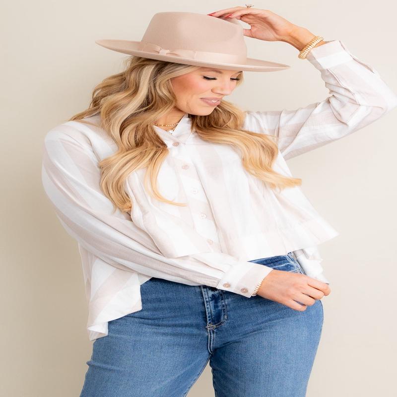 Athens Light Taupe Striped Long Sleeve Top - SALE