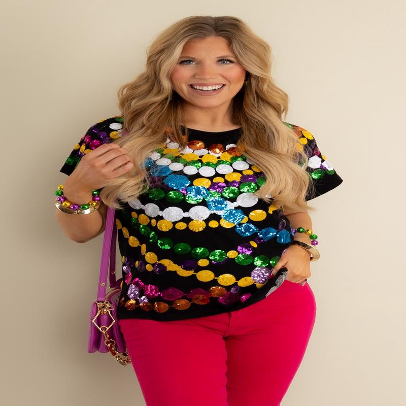 Queen Of Sparkles Mardi Gras Mega Bead Short Sleeve Tee
