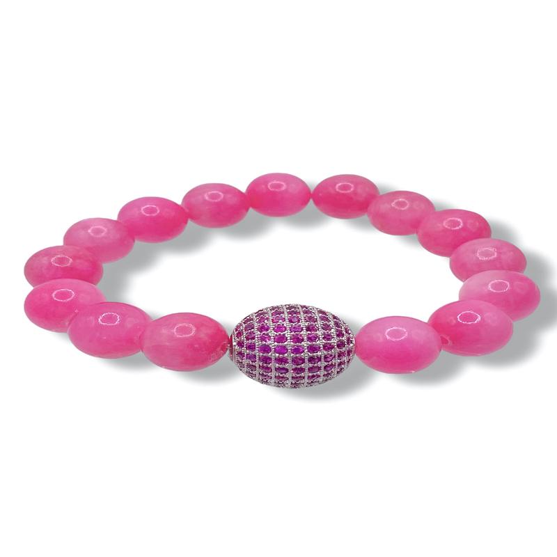 Rockstar In Rome Hot Pink Tourmaline Silver Pave Ball Dyed Pink Jade Bracelet