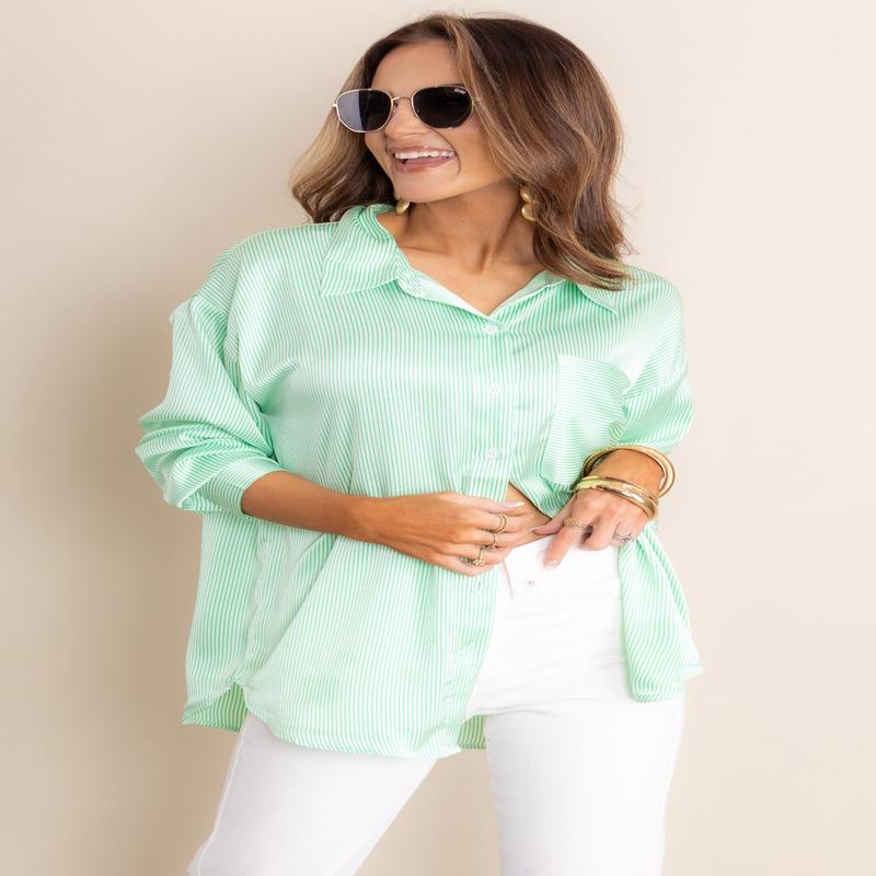 Sierra Green Striped Long Sleeve Button Down Top