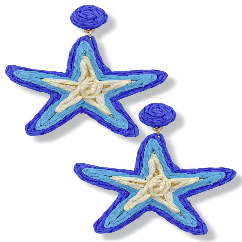Starfish Royal Blue Raffia Post Back Earrings