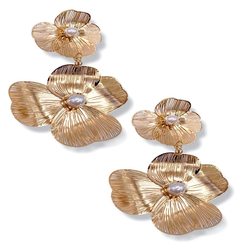 Free Falling Pearl & Filigree Flower Drop Earrings