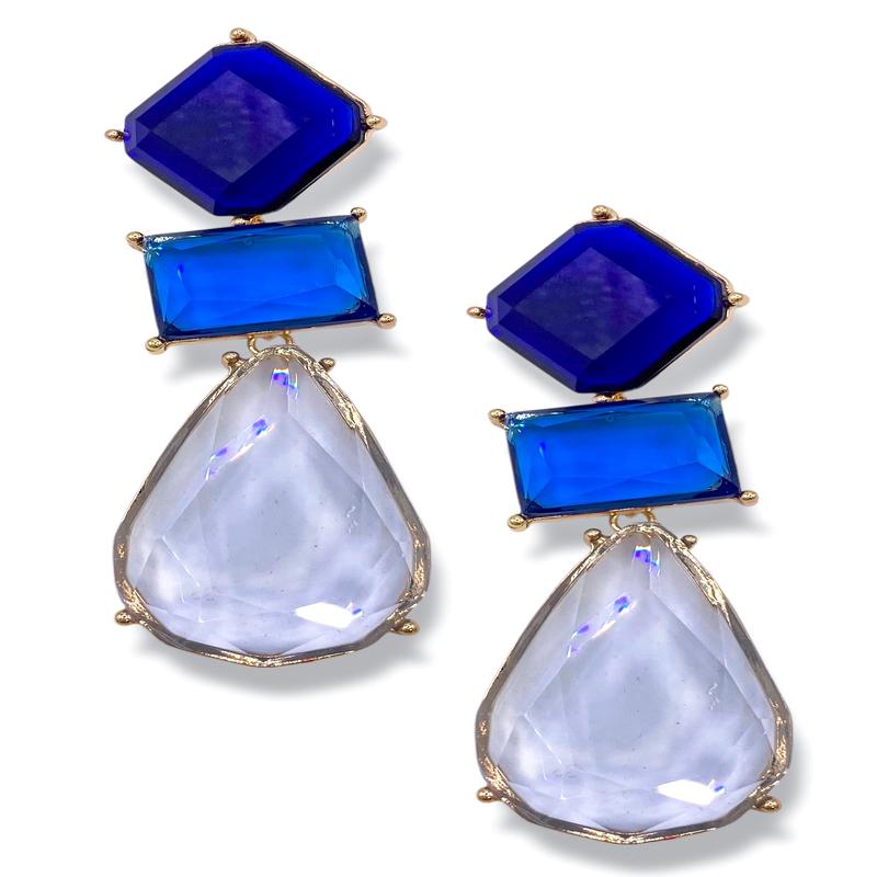 Geometric Blue Drop Post Back Earrings