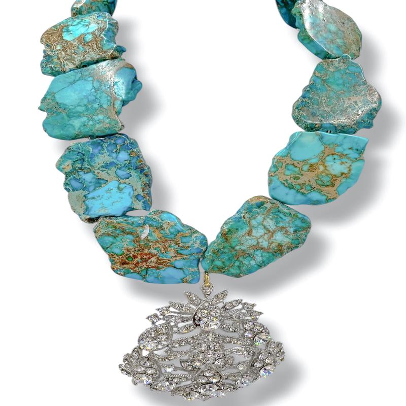 Made In The Deep South 1970s Brooch Blue Sediment Jasper Necklace