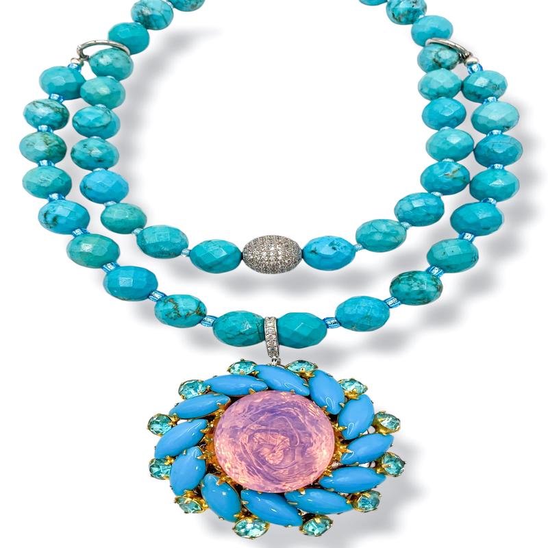 Rockstar In Rome Pink Opal Brooch Vintage Turquoise Bead Necklace