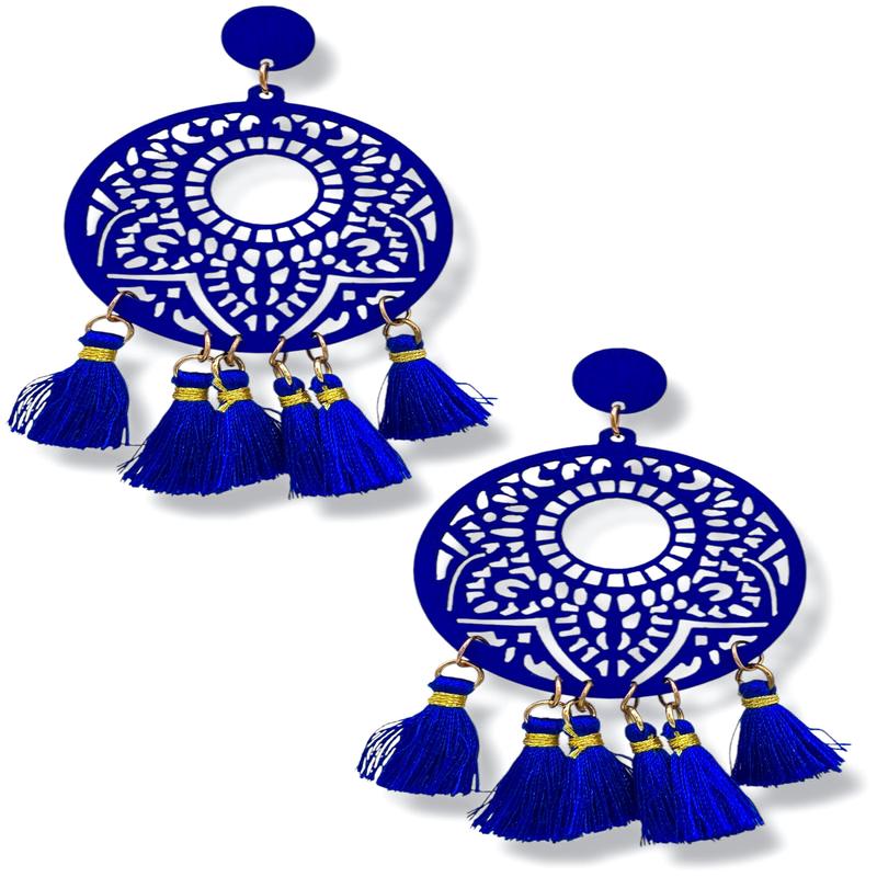 Bold Enough Wood Filigree Disk & Tassel Earrings - FINAL SALE