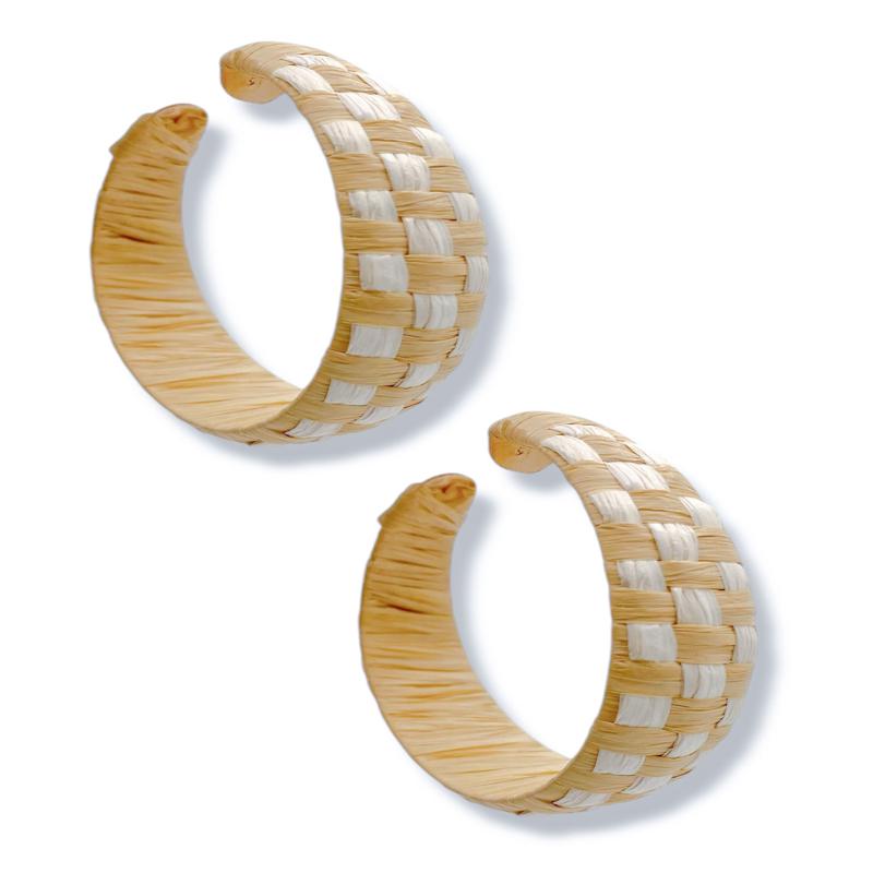Double Check Raffia Checked Pattern Hoop Earrings