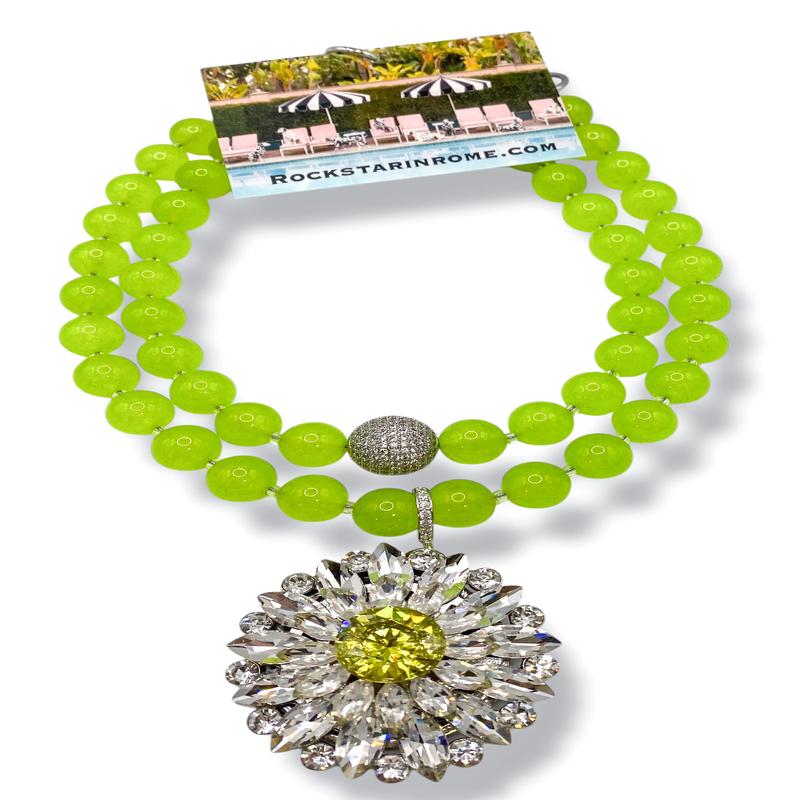 Rockstar In Rome Green Tourmaline Crystal Brooch Lime Quartz Necklace