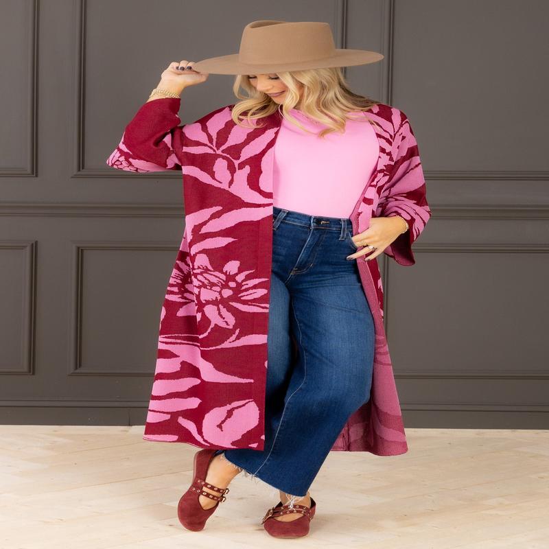 All In Berry Abstract Print Long Sleeve Cardigan