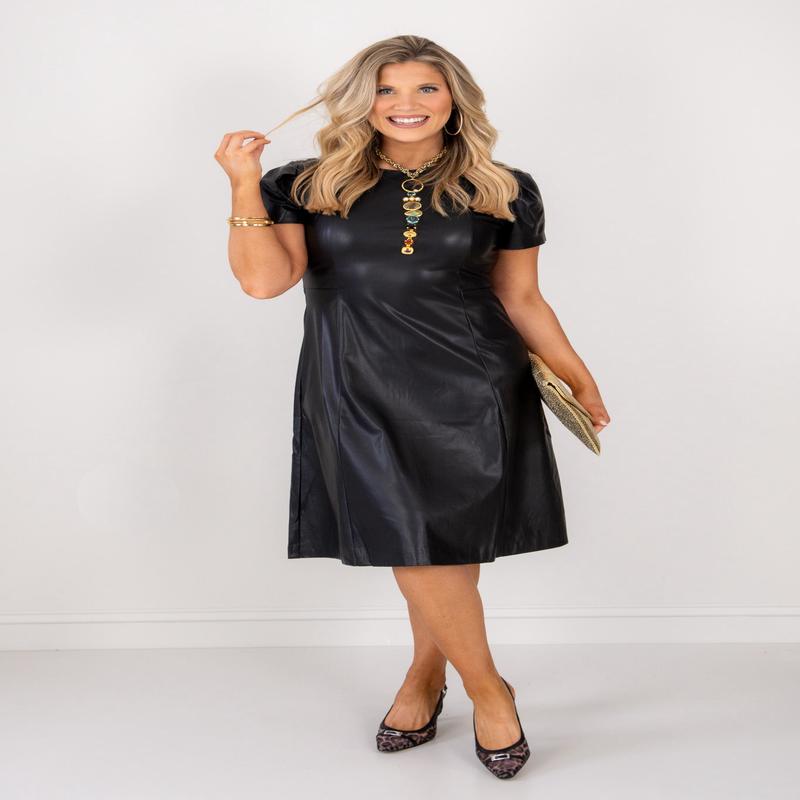 All the Way Up Black Faux Leather Short Sleeve Dress