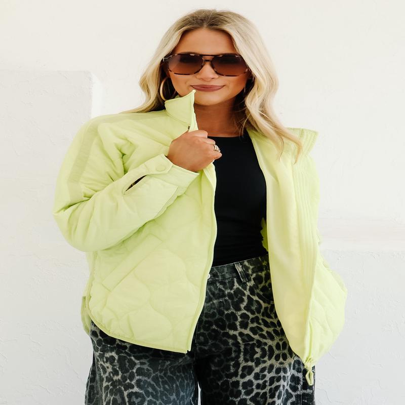 Chill in the Air Lime Mist Long Sleeve Quilted Jacket