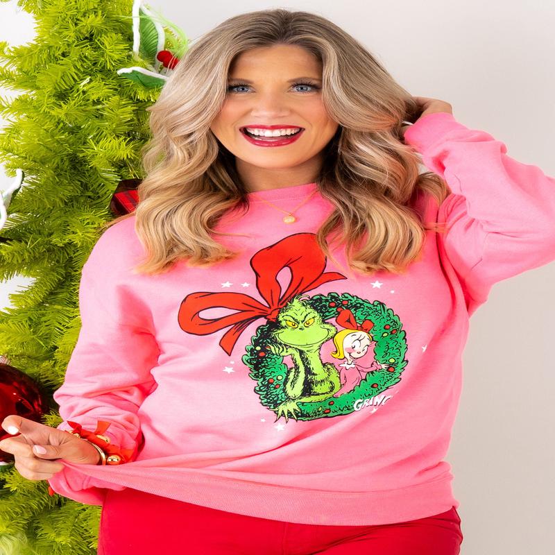 DOORBUSTER Grinch & Cindy Wreath Neon Pink Long Sleeve Sweatshirt