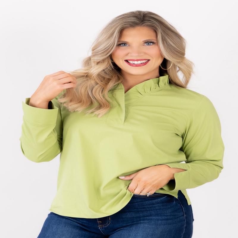 Foxcroft Tammy Celery Long Sleeve Popover Blouse