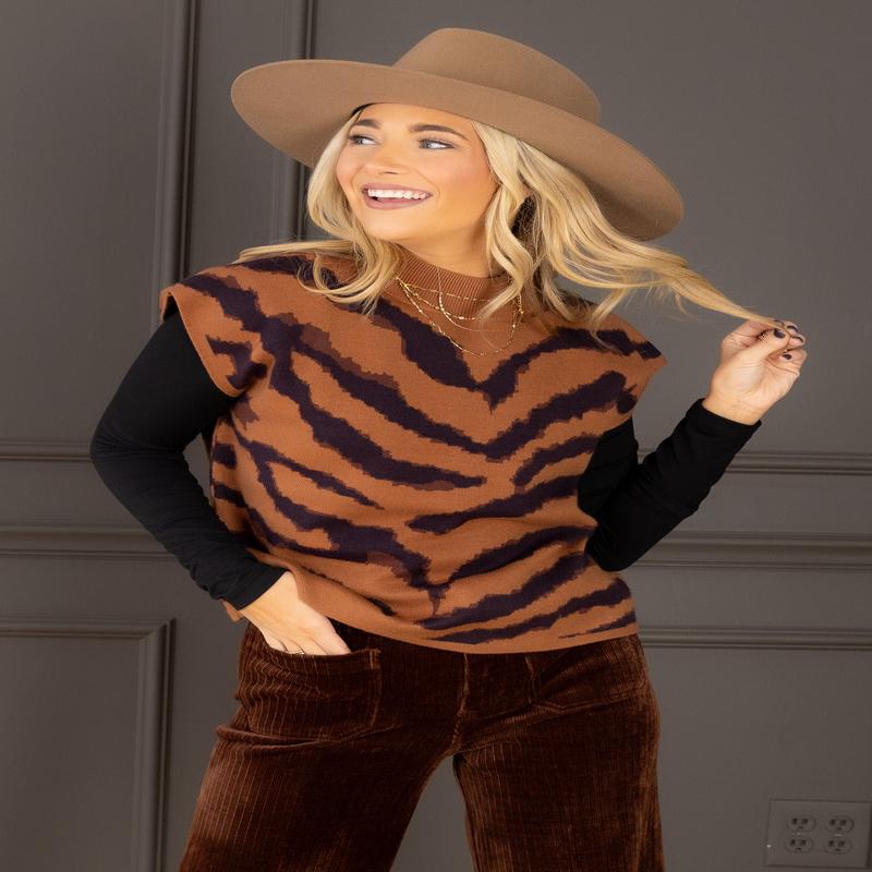 Have to Go Camel Tiger Print Sleeveless Sweater Top
