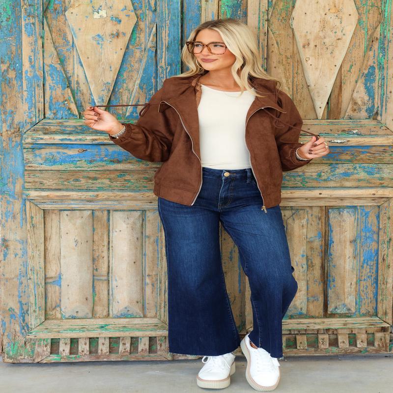 In the Valley Chocolate Suede Long Sleeve Bomber Jacket