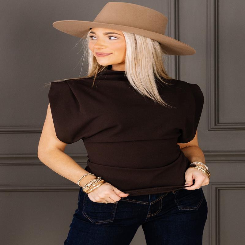 Look at Me Brown Short Sleeve Cowl Neck Top
