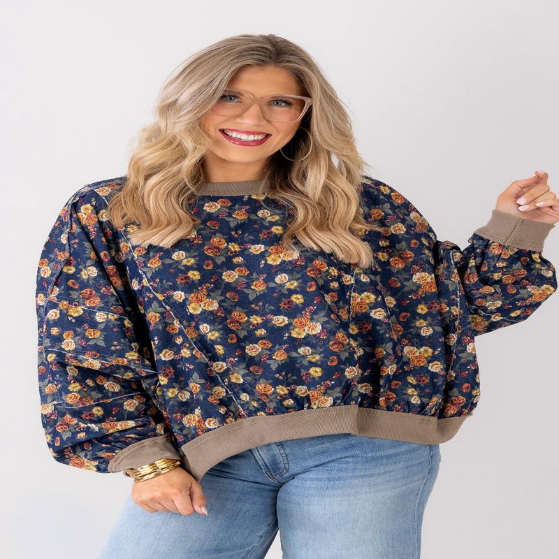 Never Looking Back Denim Floral Long Sleeve Pullover