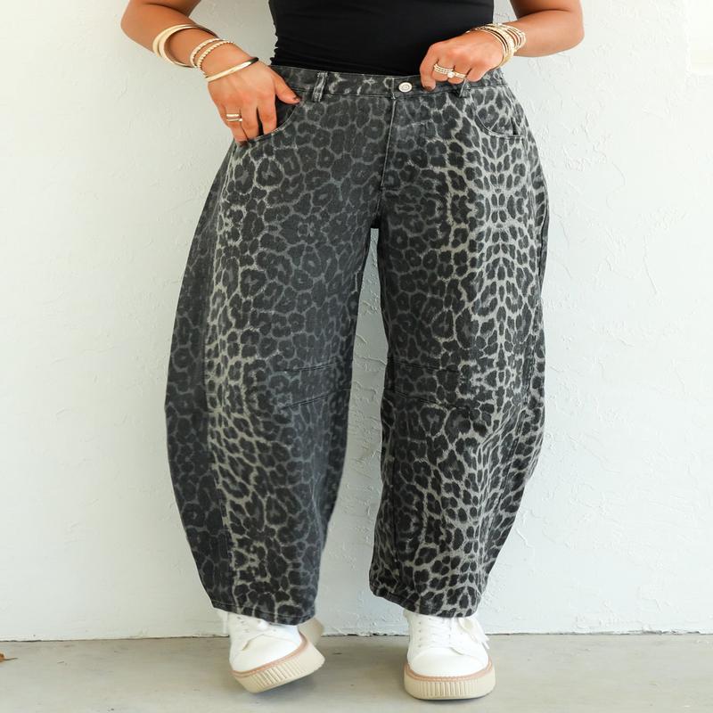Phoebe Grey Leopard Print Barrel Jean