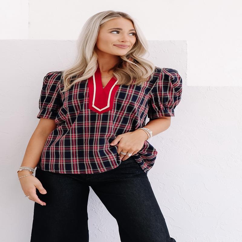 Seasons Greeting Navy Short Sleeve Blouse