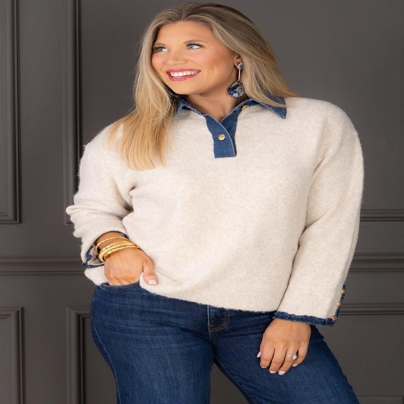 Sound of the Wind Denim Trim Beige Long Sleeve Sweater Top