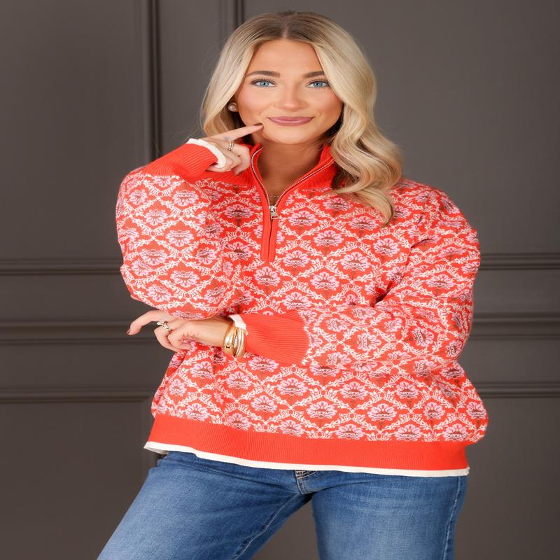 Sweet as Candy Red/Orange Long Sleeve Quarter Zip Sweater
