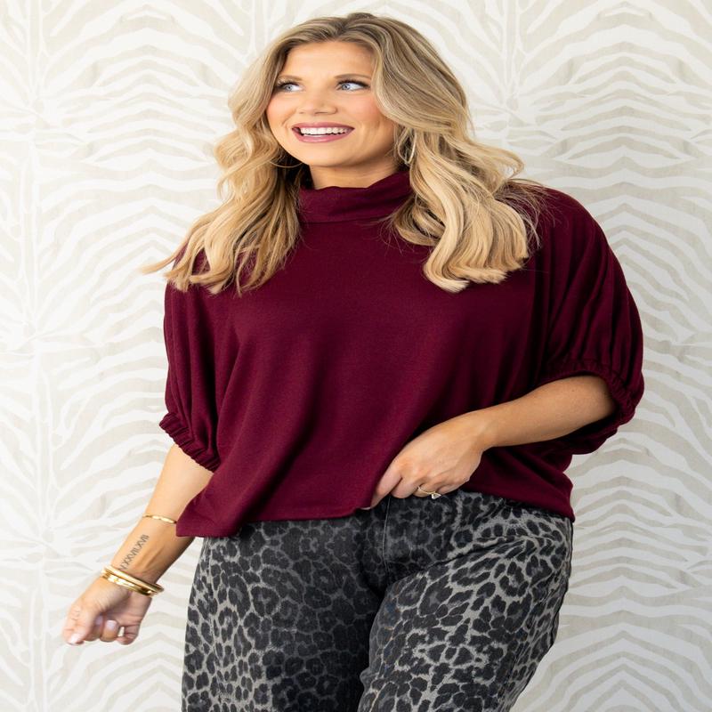 Time is Here Ruby Short Sleeve Mock Neck Top