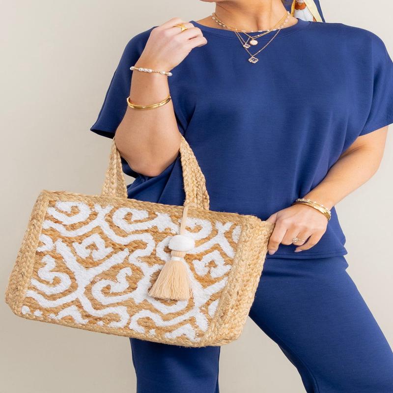 FINAL SALE Bay White Arabesque Print Jute Tote Bag