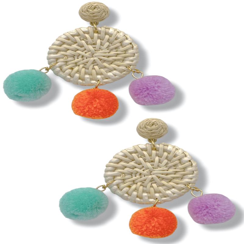 Ruby Rattan Circle & PomPom Earring - FINAL SALE